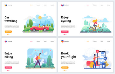 Transport for travel vacation vector illustrations. Creative concept banner set, website design for tourism with people travelers enjoy transportation, hiking or traveling by airplane, car and bike