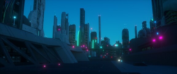 Neon urban future. Futuristic city against blue sunset sky. Wallpaper in a cyberpunk style. Industrial landscape with bright neon lights and huge futuristic buildings. 3D illustration.