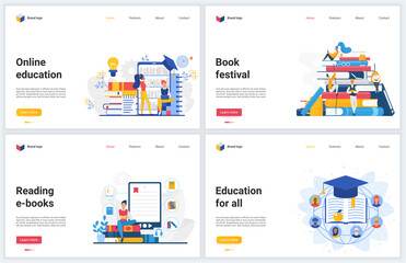 Aufkleber - Online education technology vector illustrations. Creative concept interface website design, banners with flat cartoon educational mobile services for reading, distance training and student learning