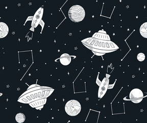 Wall Mural - hand drawn space elements seamless pattern. space background. space doodle illustration. vector illu