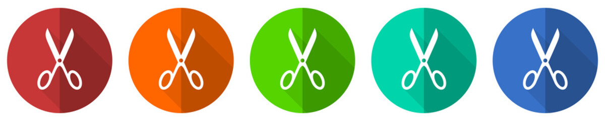 Aufkleber - Scissors icon set, red, blue, green and orange flat design web buttons isolated on white background, vector illustration