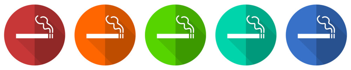 Leinwandbilder - Cigarette icon set, red, blue, green and orange flat design web buttons isolated on white background, vector illustration