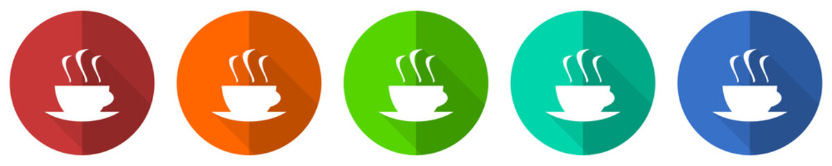 Aufkleber - Coffee icon set, red, blue, green and orange flat design web buttons isolated on white background, vector illustration