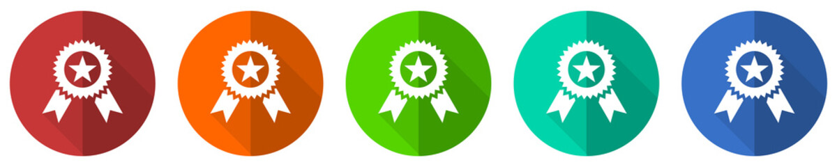 Aufkleber - Award icon set, red, blue, green and orange flat design web buttons isolated on white background, vector illustration
