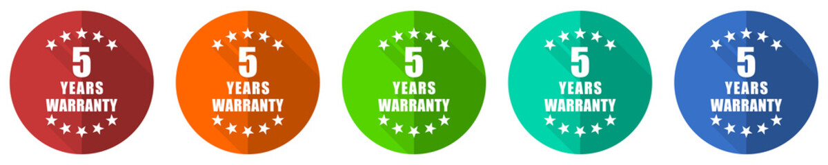 Aufkleber - Warranty guarantee 5 year icon set, red, blue, green and orange flat design web buttons isolated on white background, vector illustration