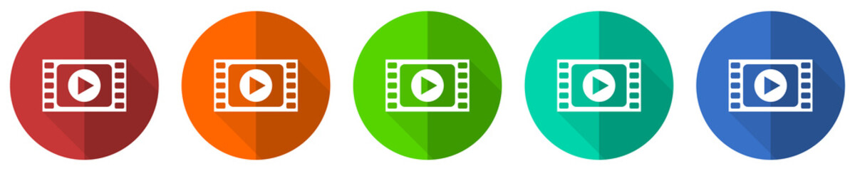 Aufkleber - Video icon set, red, blue, green and orange flat design web buttons isolated on white background, vector illustration