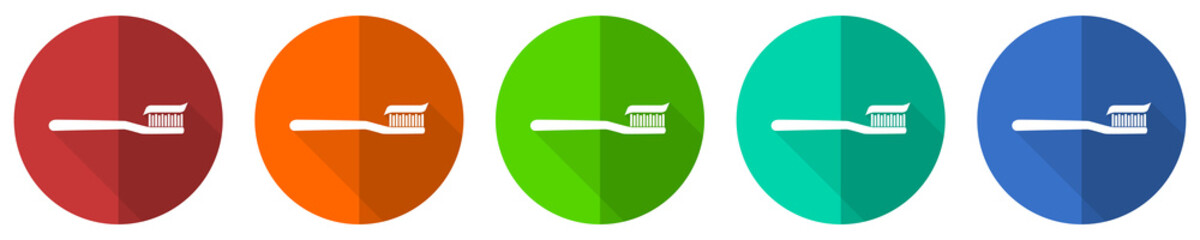 Aufkleber - Toothbrush icon set, red, blue, green and orange flat design web buttons isolated on white background, vector illustration