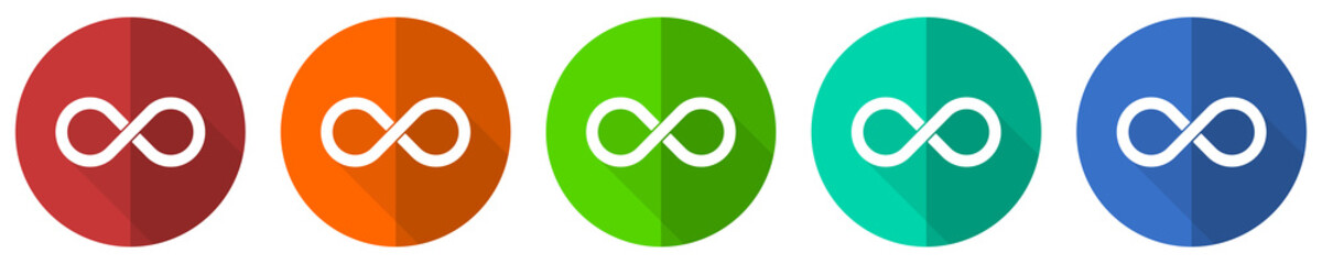 Leinwandbilder - Infinity icon set, eternity, infinite, endless, loop, red, blue, green and orange flat design web buttons isolated on white background, vector illustration