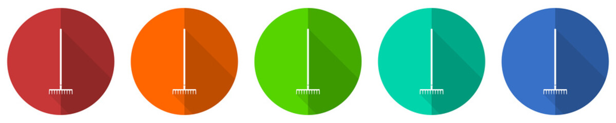Poster - Rake, gradening  tool icon set, red, blue, green and orange flat design web buttons isolated on white background, vector illustration