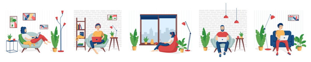 Young people, man and woman freelancers working on laptops at home.Concept vector illustration in a flat cartoon style remote working at home,  programming, distance learning.Set of quarantined people