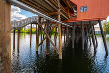 The Underside Pilons, Posts And Piers Of The Cedar St Bridge Along Sand Creek River Off Of Lake Pend Oreille In Sandpoint, Idaho.