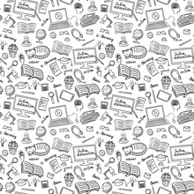 Online Education Hand Drawn Seamless Pattern. E-learning Doodles. Vector Illustration.