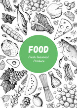 Various Foods Sketch. Vector Illustration. Vegetables, Fruits, Meat Hand Drawn. Organic Food Set. Good Nutrition Pattern. Hand Drawn Food Design Elements.