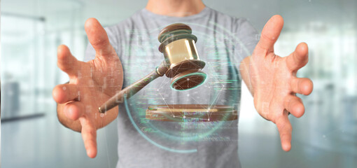 Poster - Businessman holding a Justice hammer and data - 3d rendering