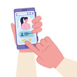© Gstudio - Hand holding smartphone with woman and chatting bubble design, Message chat and communication theme Vector illustration