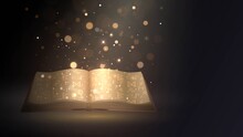 Open Golden Magic Book With Fairy Tales Or Spells In Dark Room And Bright Light