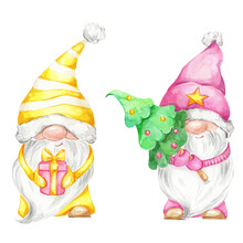 Set Of Cute Christmas Gnomes And Colorful Gifts; Can Be Used For New Year's Cards Or Posters; Watercolor Hand Draw Illustration; With White Isolated Background 