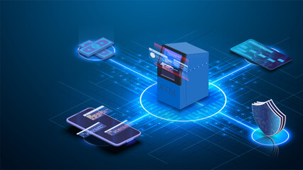 Aufkleber - ATM withdrawal isometric concept vector banner. Banking technology, financial apps, cache machine and smartphone, credit card and cash.Banking technology, financial apps, cache machine. Landing page.