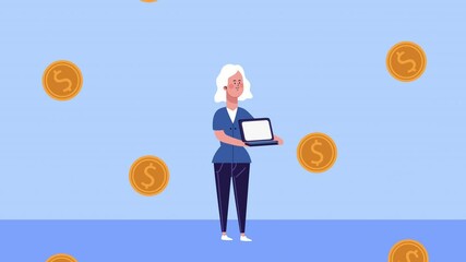 Poster - businesswoman lifting laptop and coins animated