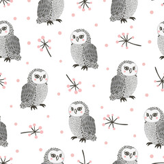 Wall Mural - Seamless cute watercolor owls pattern. Vector illustration for kids	