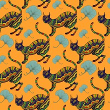Seamless Pattern With Ornamental Psychedelic Cat,