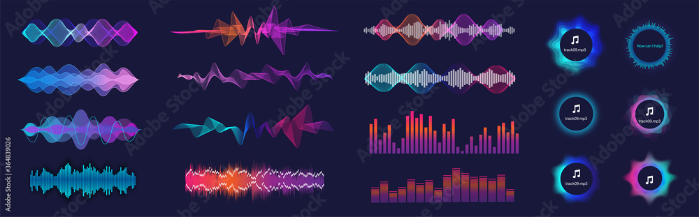 Sound waves equalizer collection in futuristic colors. Frequency audio waveform, music wave, circle bar, voice graph signal in HUD style. Set Audio waves.  Microphone voice and sound recognition. - obrazy, fototapety, plakaty 