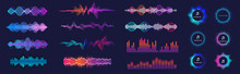 Sound Waves Equalizer Collection In Futuristic Colors. Frequency Audio Waveform, Music Wave, Circle Bar, Voice Graph Signal In HUD Style. Set Audio Waves.  Microphone Voice And Sound Recognition.