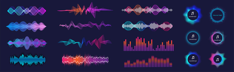 Aufkleber - Sound waves equalizer collection in futuristic colors. Frequency audio waveform, music wave, circle bar, voice graph signal in HUD style. Set Audio waves.  Microphone voice and sound recognition.