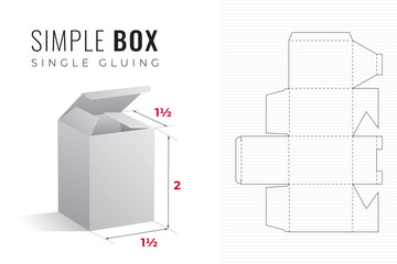 Simple Packaging Box Die Cut One and a Half Length Double Height Template with 3D Preview - Black Editable Blueprint Layout with Cutting and Scoring Lines on Background - Draw Graphic Design