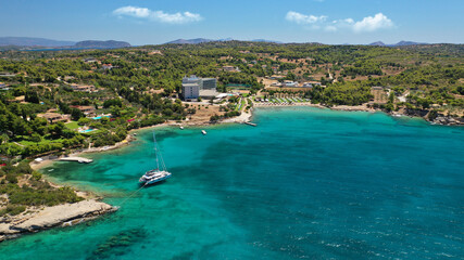 Aerial drone photo of Chinitsa bay a popular anchorage crystal clear turquoise sea bay for yachts and sail boats next to Porto Heli, Saronic gulf, Greece