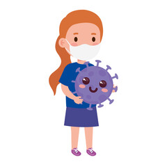 Wall Mural - cute girl wearing medical mask to prevent coronavirus covid 19 with carton coronavirus emoji vector illustration design