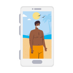 Poster - Man with swimsuit and mask at the beach in smartphone in video chat design, Summer vacation tropical and covid 19 virus theme Vector illustration