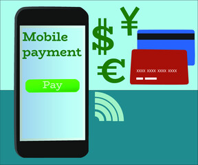 Mobile payment application. Online payment programme that is comfortable for payment operations. It is presented as a mobile phone with a payment button, money symbols and bank cards.