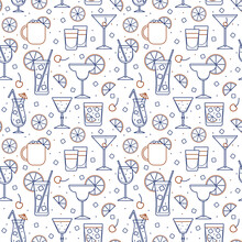 Seamless Pattern Illustration. Cocktail Glasses High Ball Martini Margarita Shot Moscow Mule Mug. For Card, Poster, Invitation Or Restaurant Menu For Beach Party Event, Wallpaper Or Textile