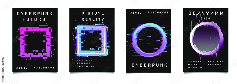 Cyberpunk and vaporwave style posters for music party with neon geometric shapes on dark background. Retrofuturistic aesthetics of 80's - 90's. - obrazy, fototapety, plakaty 