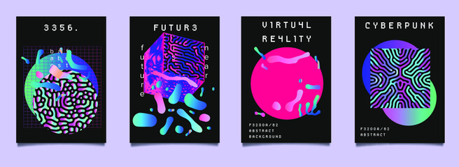 Fototapete - Cyberpunk and vaporwave style posters for music party with neon geometric shapes on dark background. Retrofuturistic aesthetics of 80's - 90's.