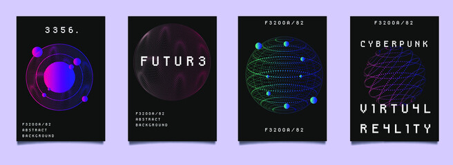 Aufkleber - Cyberpunk and vaporwave style posters for music party with neon geometric shapes on dark background. Retrofuturistic aesthetics of 80's - 90's.