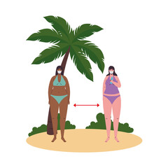 Poster - Social distancing between girls with bikinis and medical masks at beach design, Summer vacation tropical and covid 19 virus theme Vector illustration