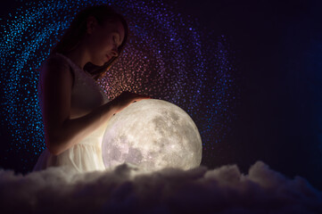 Wall Mural - female magic and beauty, girl with the moon, sky and stars. zodiac and horoscope