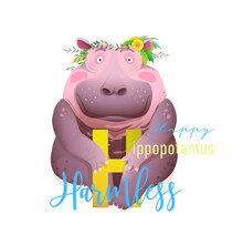 Animal Alphabet For Children, Letter H Is For Hippopotamus. Cute Happy Hippo Representing Letter H, Wearing Flowers Wreath. Beautiful 3d Realistic ABC Collection For Kids. Vector Cartoon Illustration.