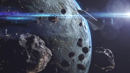 Wall Mural - space shuttle surrounded by dangerous rocks, space view rotating asteroids rocks flying close,earth 