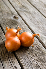 Wall Mural - onions on weathered old wood table background