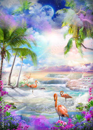 Dekoracja na wymiar  piekny-widok-na-morze-z-ogrodu-orchidei-i-palm-rozowy-wschod-slonca-i-flamingi-wlaczone