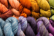Colorful, Hand Dyed Wool Yarn For Sale At A Local Farmers Market In Seattle, WA
