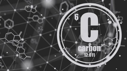 Sticker - Carbon chemical element. Sign with atomic number and atomic weight. Chemical element of periodic table. Molecule and communication background. Connected lines with dots.