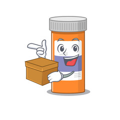 Canvas Print - A smiling pills drug bottle cartoon mascot style having a box