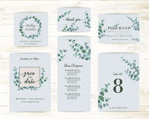 Wedding card with eucalyptus leaves. Rustic style with place for your text