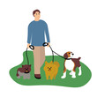 © Julia - Man with him dogs running in park. Owner walk with pets. Professional walker. Pet care concept. Vector illystration in flat style
