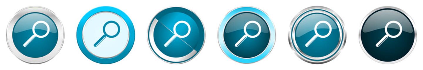 Aufkleber - Search silver metallic chrome border icons in 6 options, set of web blue round buttons isolated on white background