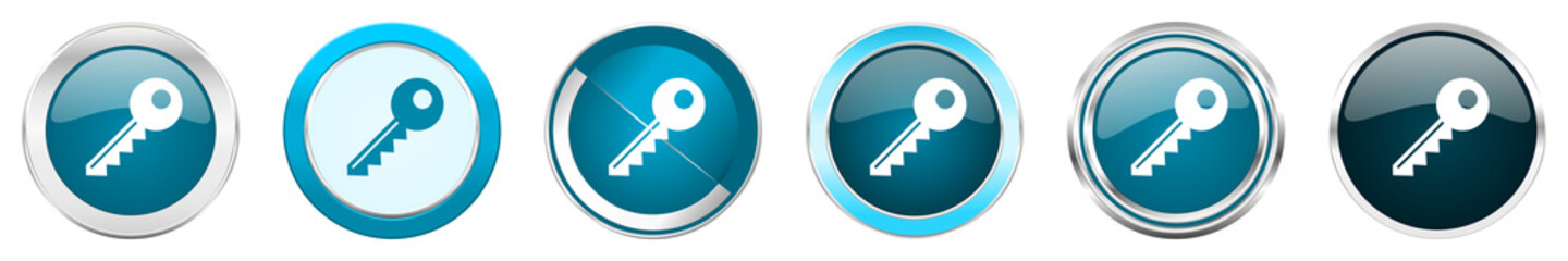 Poster - Key silver metallic chrome border icons in 6 options, set of web blue round buttons isolated on white background